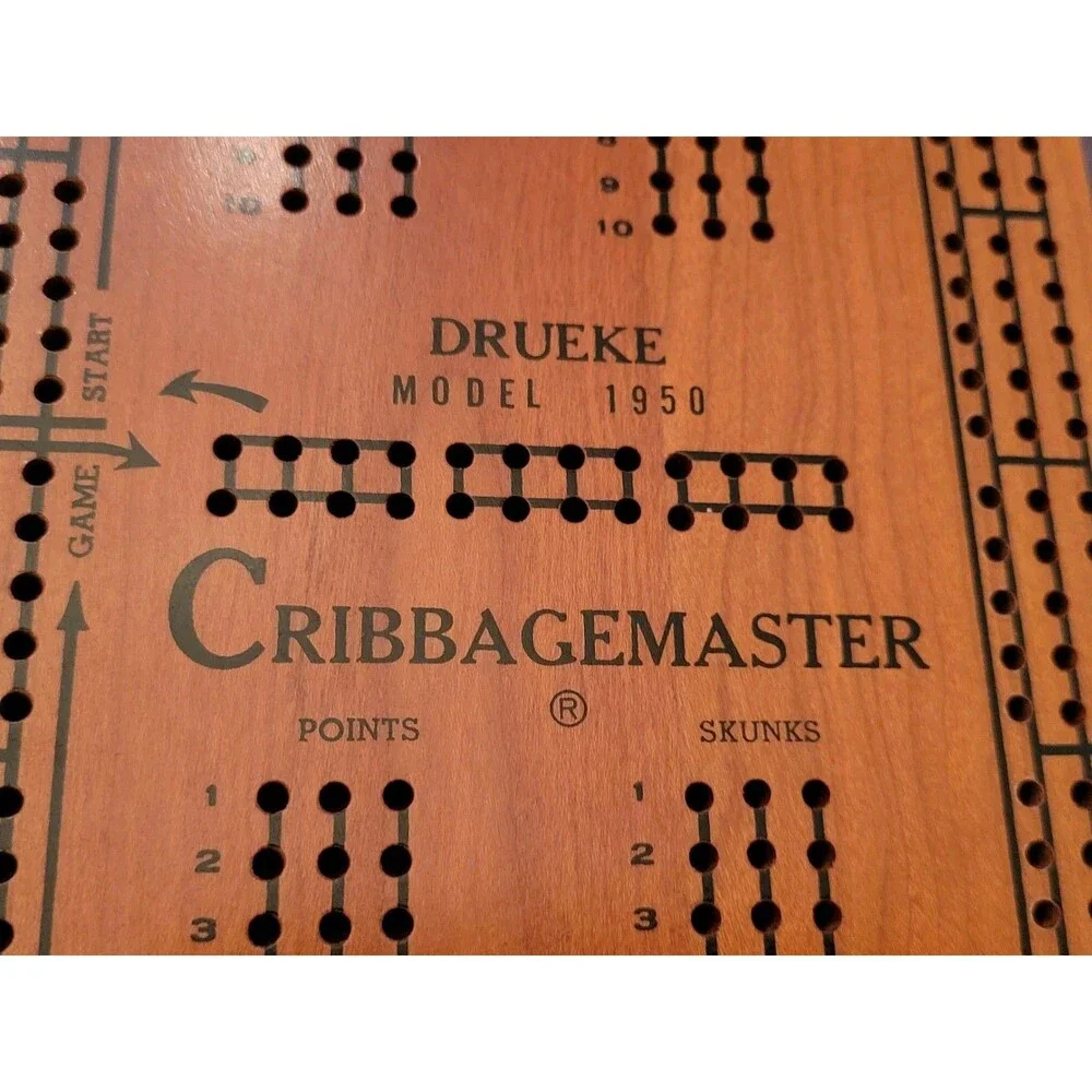 DRUEKE CRIBBAGEMASTER Once-A-Round 3 Track Cribbage Board, Model 1950 Box Pegs